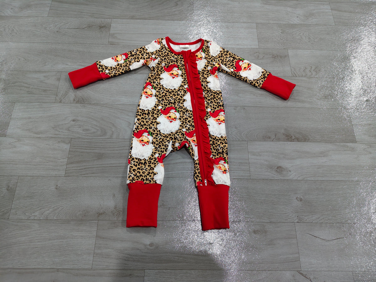 (Sample) No moq milk silk LR3302 Baby Girls Leopard Santa Print Christmas Two Way Zip Ruffle Convertible Rompers