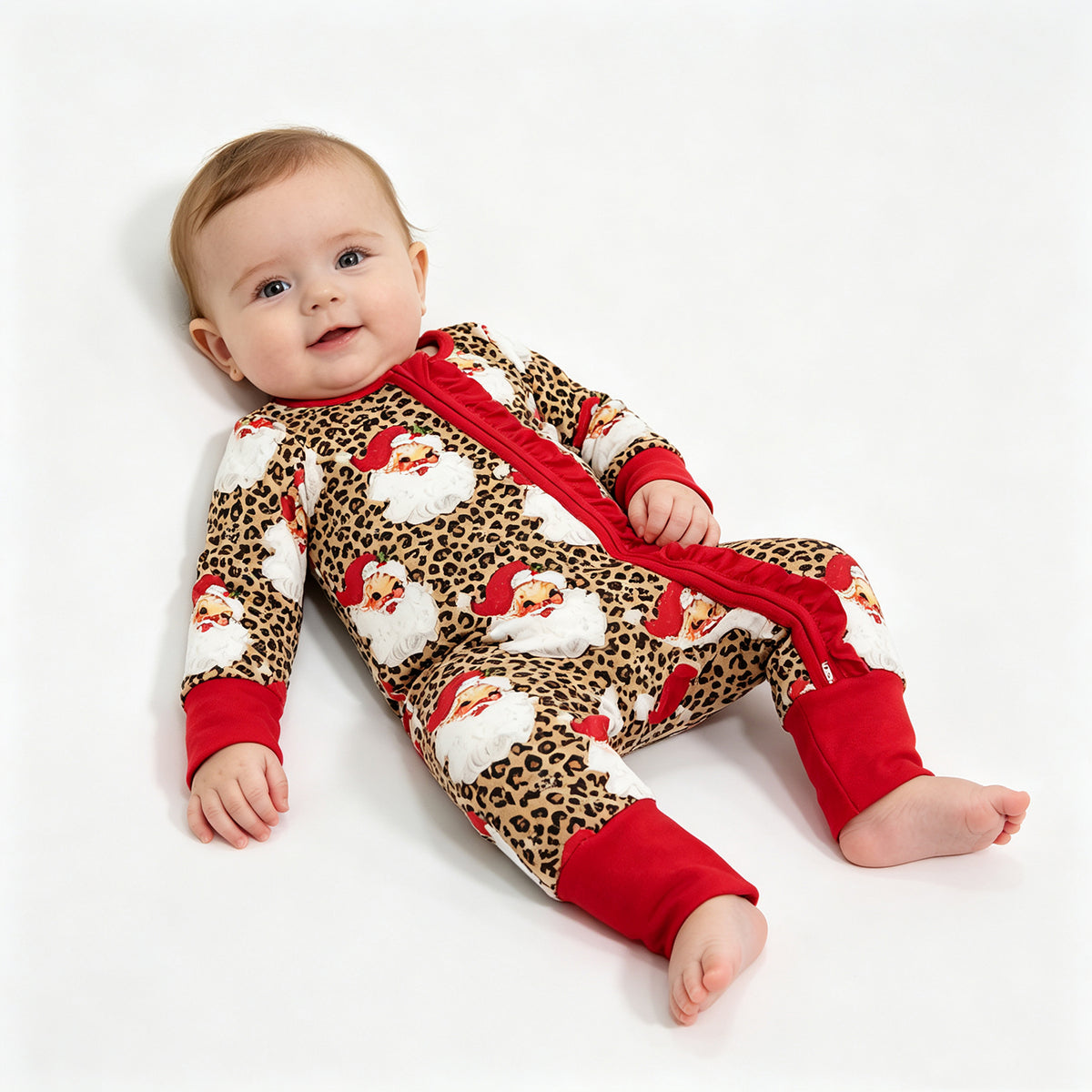(Sample) No moq milk silk LR3302 Baby Girls Leopard Santa Print Christmas Two Way Zip Ruffle Convertible Rompers