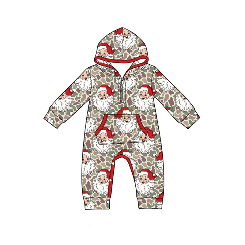 (Preorder new) No moq Baby Boys Khaki Camo Santa Zip Pocket Pullovers Joggers Christmas Outfit Rompers