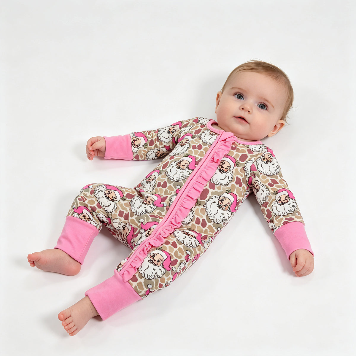 (Sample) No moq milk silk LR3305 Baby Girls Khaki Camo Santa Print Christmas Two Way Zip Ruffle Convertible Rompers