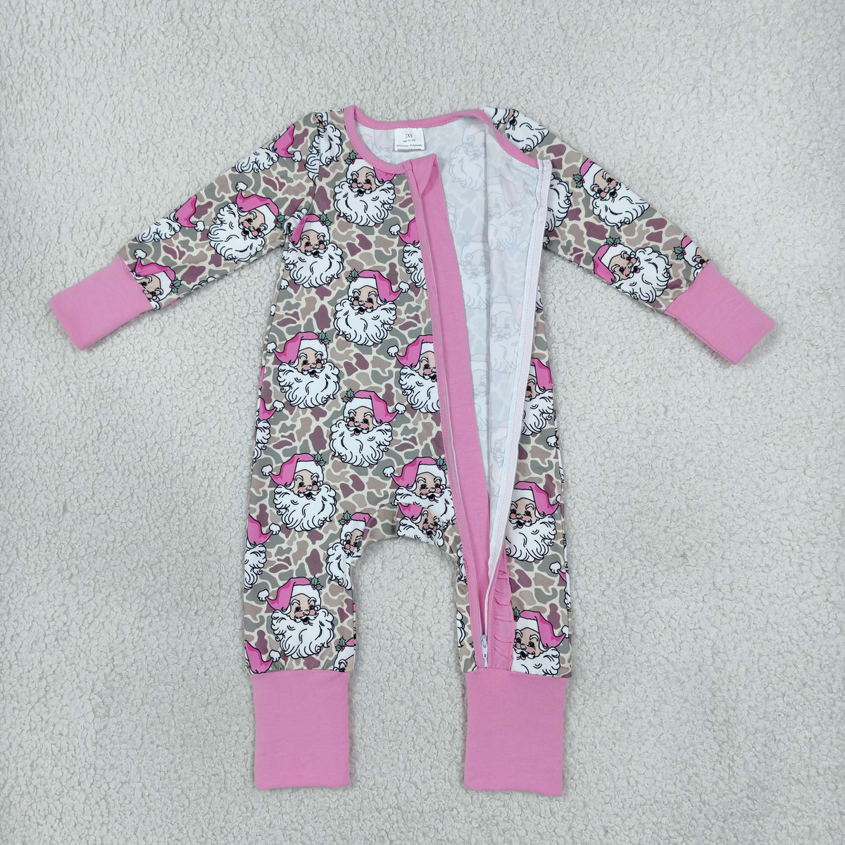 NEW RTS NO MOQ milk silk LR3305 Baby Girls Khaki Camo Santa Print Christmas Long Sleeve Two Way Zip Ruffle Convertible Rompers