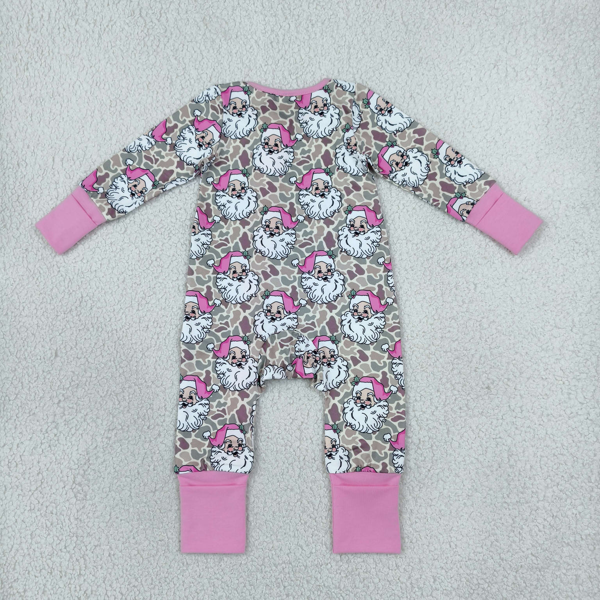 NEW RTS NO MOQ milk silk LR3305 Baby Girls Khaki Camo Santa Print Christmas Long Sleeve Two Way Zip Ruffle Convertible Rompers