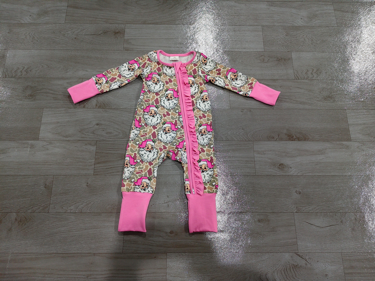 (Sample) No moq milk silk LR3305 Baby Girls Khaki Camo Santa Print Christmas Two Way Zip Ruffle Convertible Rompers