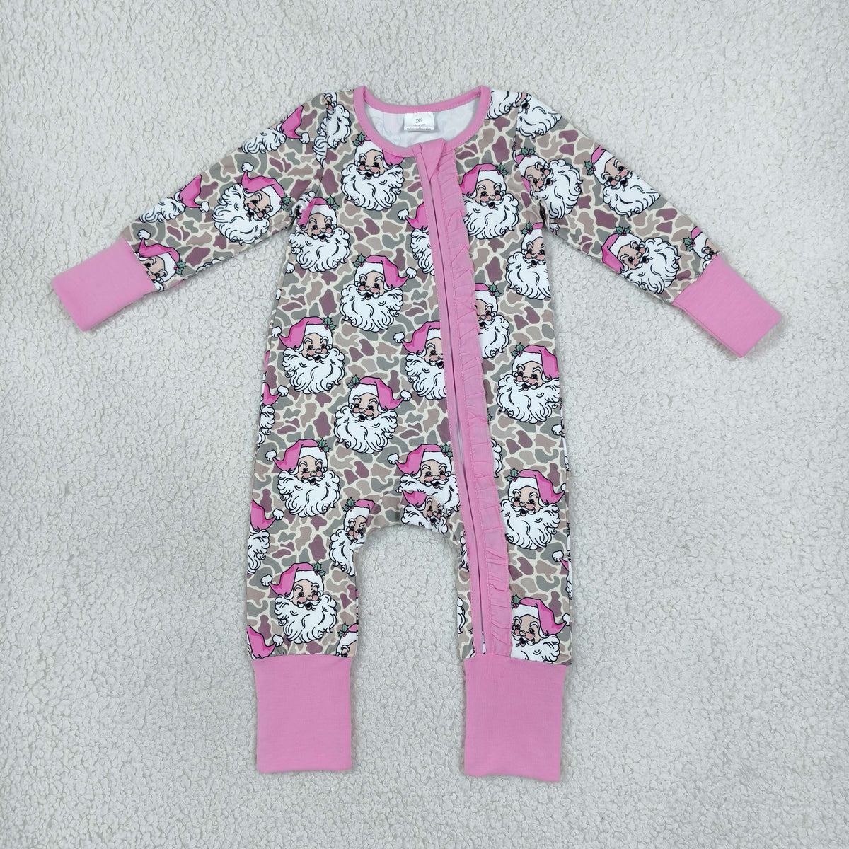 NEW RTS NO MOQ milk silk LR3305 Baby Girls Khaki Camo Santa Print Christmas Long Sleeve Two Way Zip Ruffle Convertible Rompers