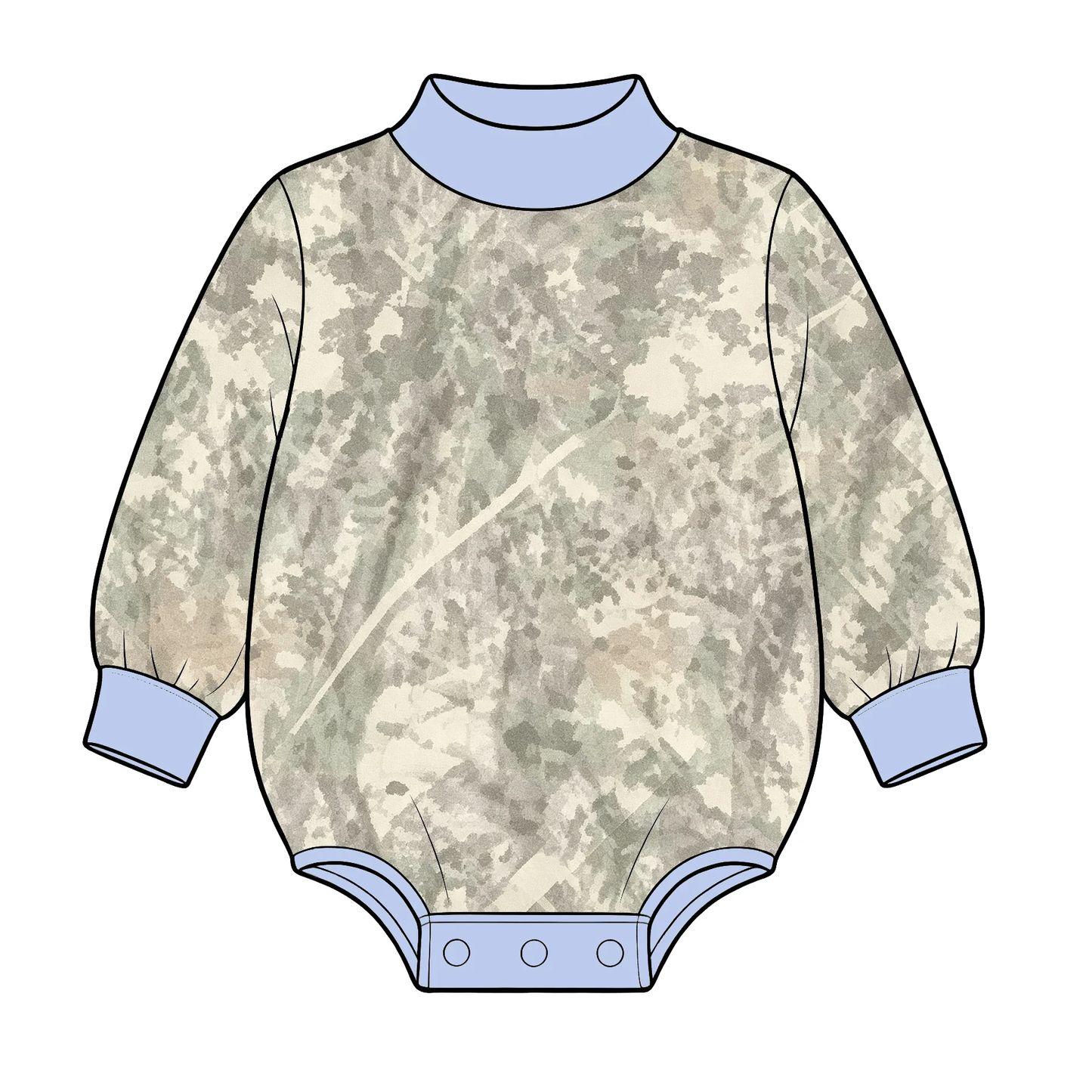 (Preorder new) No moq LR3307 Yoga Baby Boys Light Blue High Neck Tree Bark Camo Print Long Sleeve Snap Crotch Bodysuit Fall Infant Romper