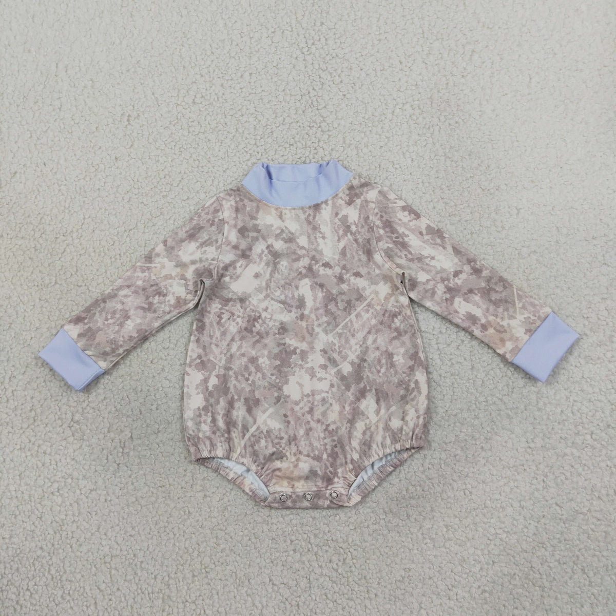 NEW RTS NO MOQ yoga fabric LR3307 Yoga Baby Boys Light Blue High Neck Tree Bark Camo Print Long Sleeve Fall Infant Romper