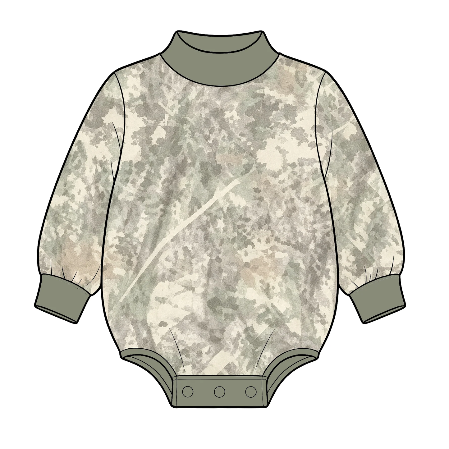 (Preorder new) No moq LR3308 Yoga Baby Boys Olive Green High Neck Tree Bark Camo Print Long Sleeve Snap Crotch Bodysuit Fall Infant Romper
