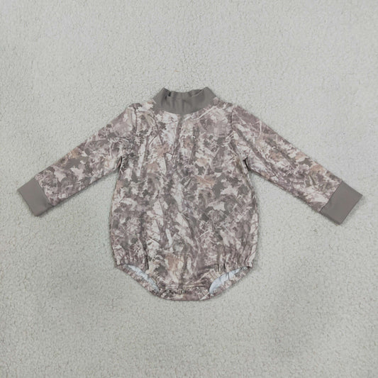 NEW RTS NO MOQ yoga fabric LR3308 Yoga Baby Boys Olive Green High Neck Tree Bark Camo Print Long Sleeve Fall Infant Romper