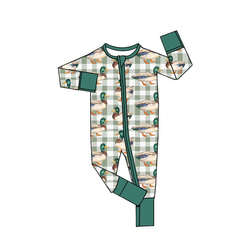 (Preorder new) No moq Baby Boys Green Checked Ducks Long Sleeve Matching Pajamas Set Romper Blankets
