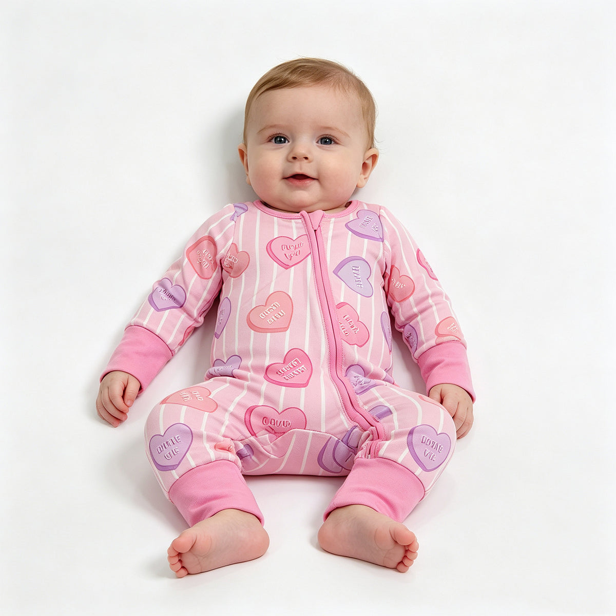 (Sample) No moq milk silk LR3325 Baby Girls Pink Stripe LOVE YOU Hearts Print Two Way Zip Convertible Valentines Rompers