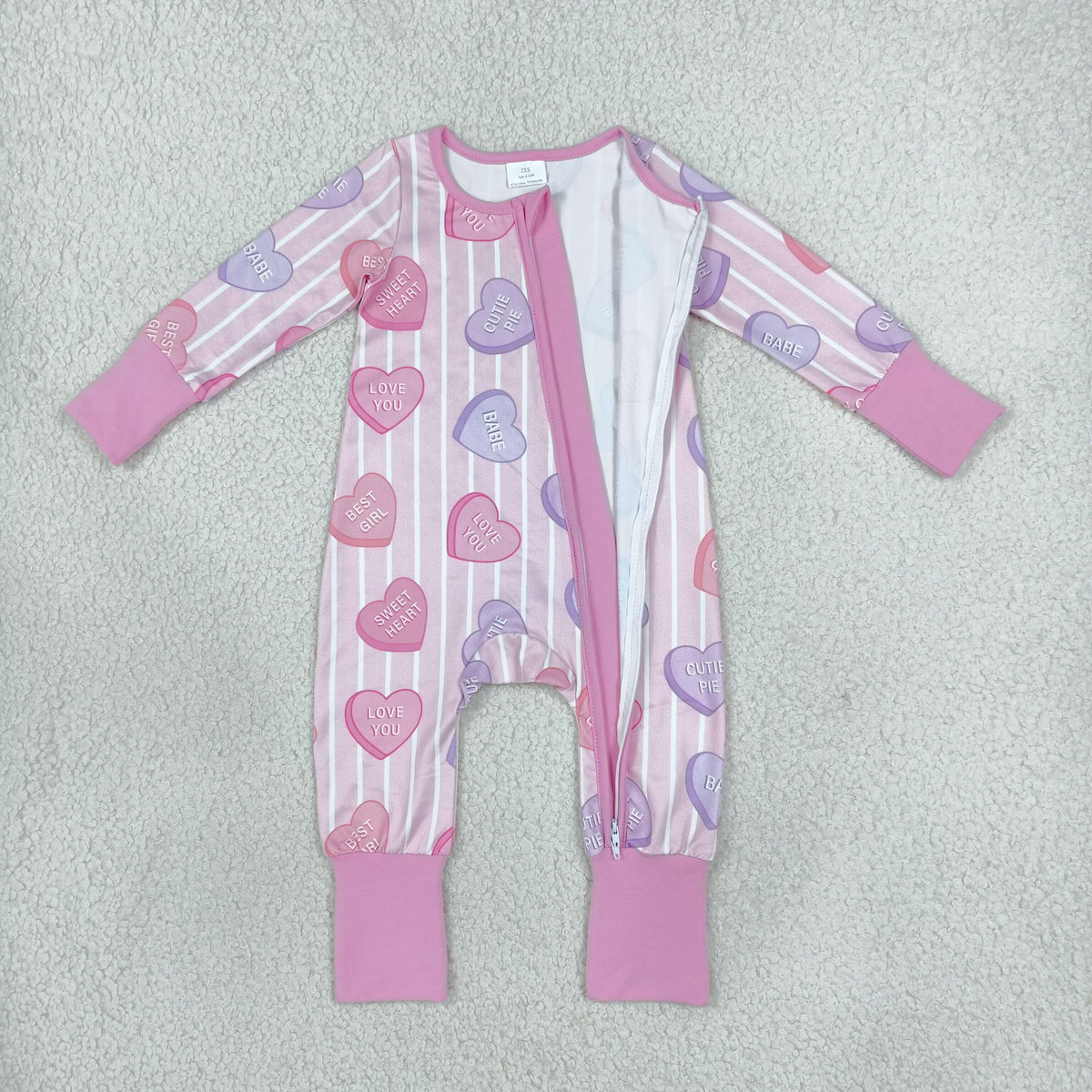 NEW RTS NO MOQ milk silk LR3325 Baby Girls Pink Stripe LOVE YOU Hearts Valentines Two Way Zip Convertible Rompers Cute Holiday Outfit