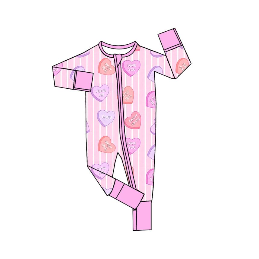 (Preorder new) No moq Baby Girls Pink Valentines Day Candy Heart Stripe Print Collared Button Down Pajama Set With Pink Fur Trim Cuff  Romper Blankets