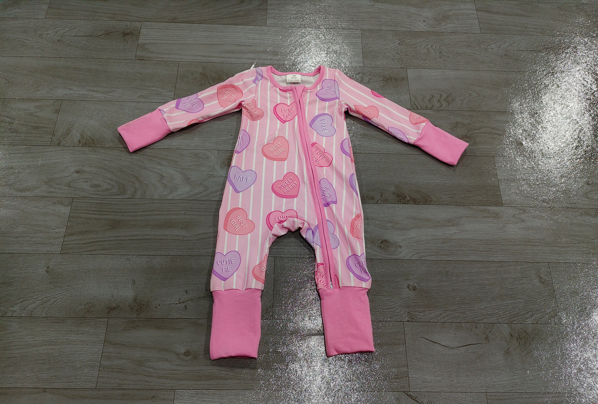 (Sample) No moq milk silk LR3325 Baby Girls Pink Stripe LOVE YOU Hearts Print Two Way Zip Convertible Valentines Rompers