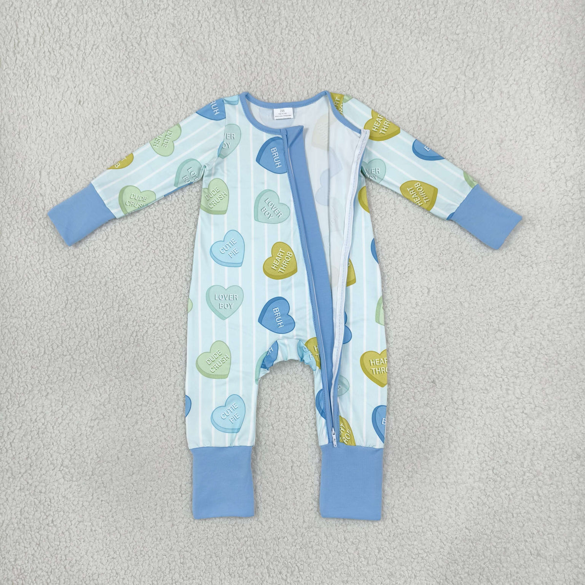 NEW RTS NO MOQ milk silk LR3326 Baby Boys Blue Stripe LOVE YOU Hearts Print Long Sleeve Two Way Zip Convertible Valentines Rompers