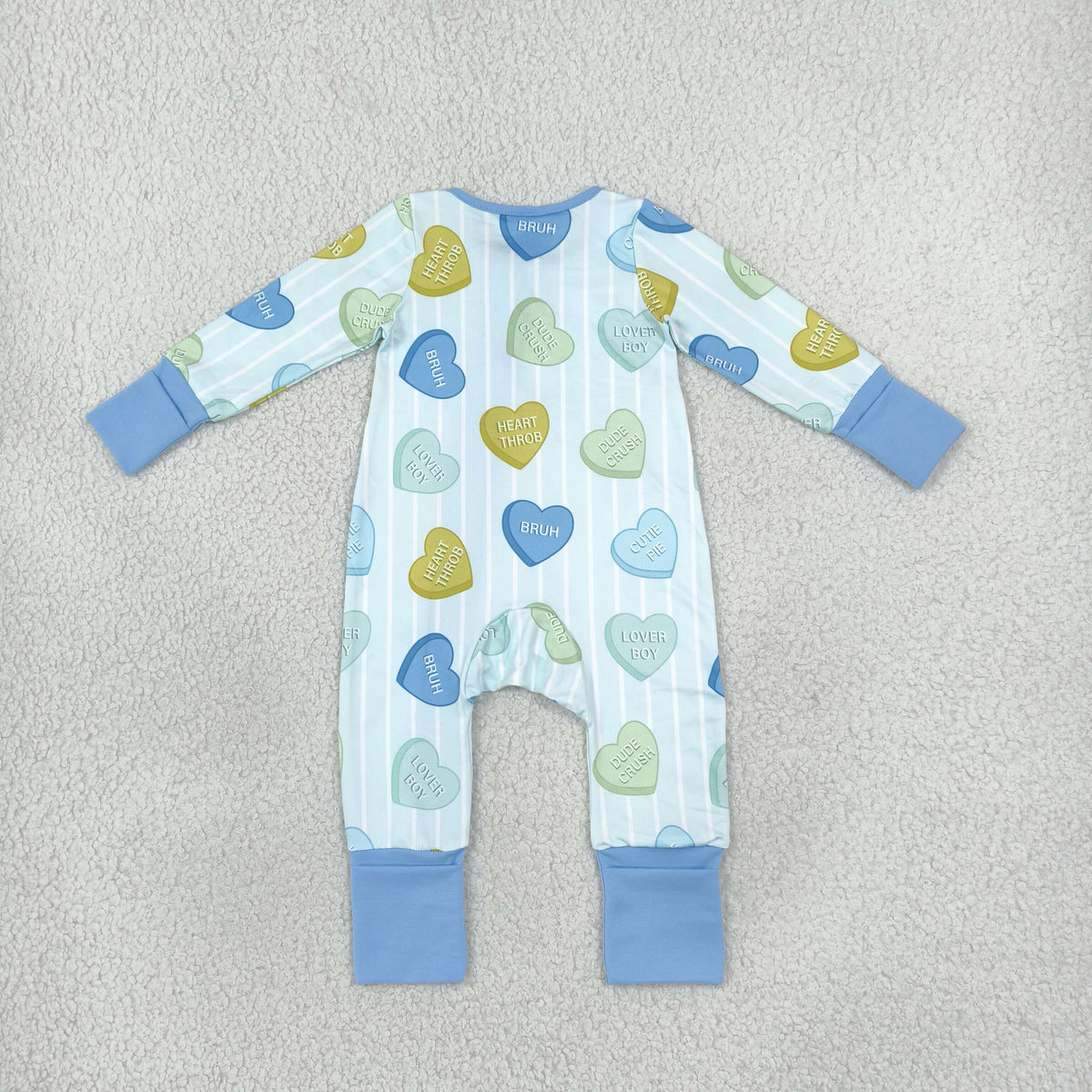 NEW RTS NO MOQ milk silk LR3326 Baby Boys Blue Stripe LOVE YOU Hearts Print Long Sleeve Two Way Zip Convertible Valentines Rompers