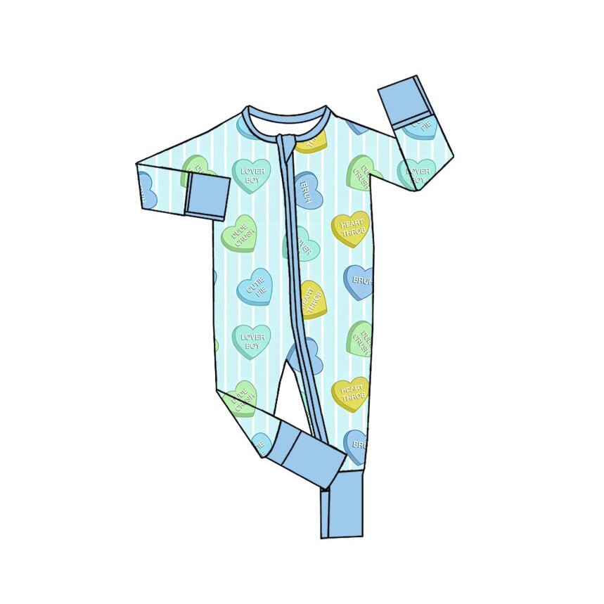 (Preorder new) No moq Baby Girls Valentines Day Candy Heart Stripe Print Long Sleeve Pajama Set Romper Blankets