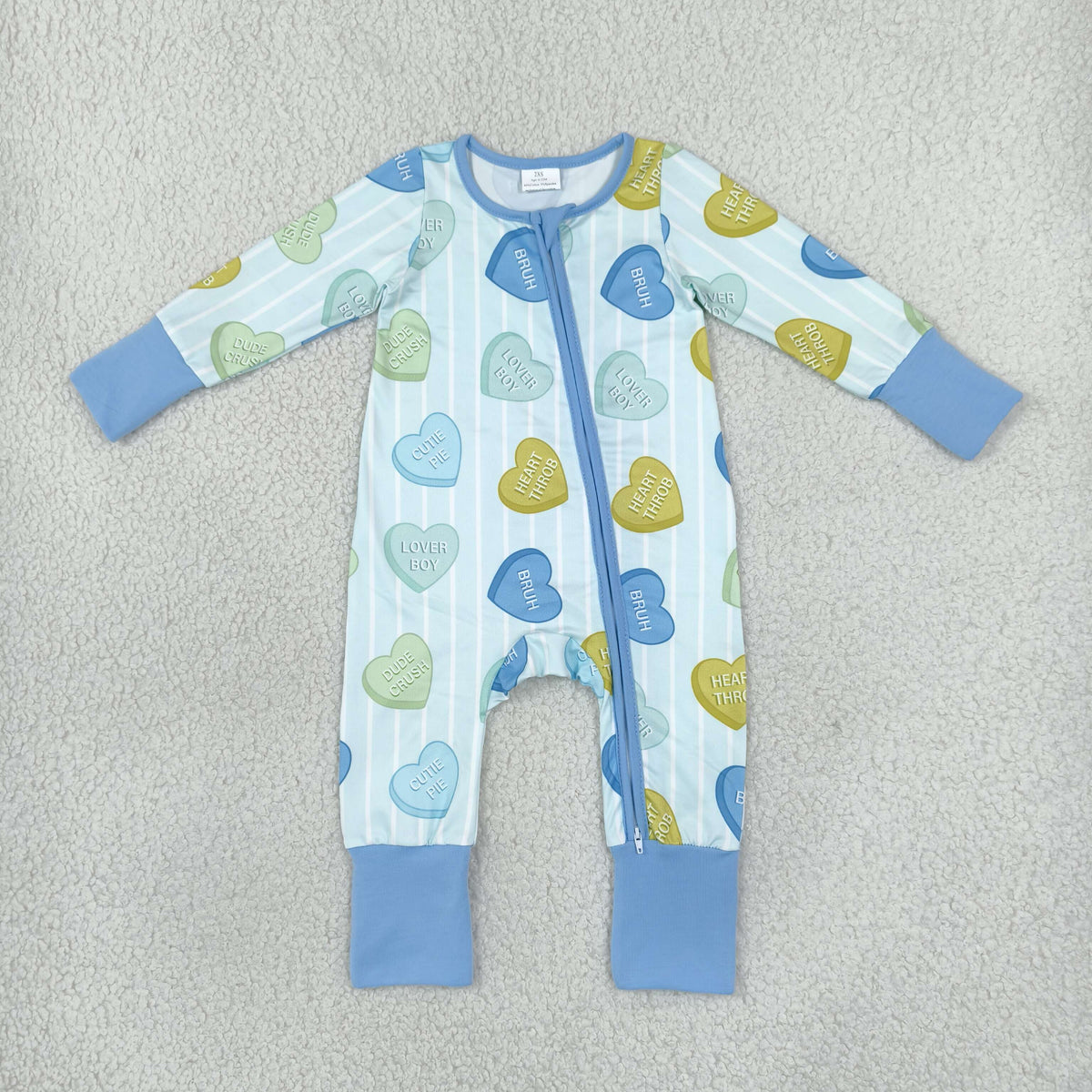 NEW RTS NO MOQ milk silk LR3326 Baby Boys Blue Stripe LOVE YOU Hearts Print Long Sleeve Two Way Zip Convertible Valentines Rompers