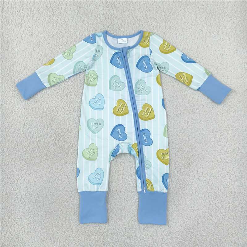 RTS NO MOQ Sibling milk silk Baby Girls And Boys Valentines Day Heart Print Striped Long Sleeve Zip Up Romper