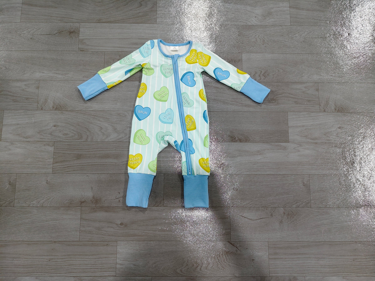 (Sample) No moq milk silk LR3326 Baby Boys Blue Stripe LOVE YOU Hearts Print Two Way Zip Convertible Valentines Rompers