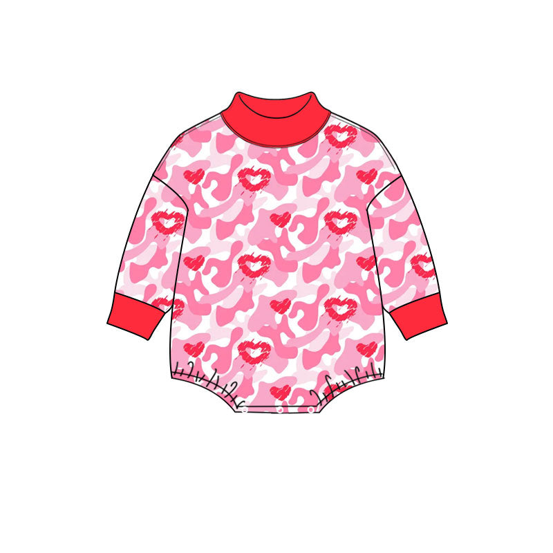 (Preorder new) No moq Baby Girls Pink Heart Camo Print Mock Neck Long Sleeve Romper And Bow Scallop Hem Dress