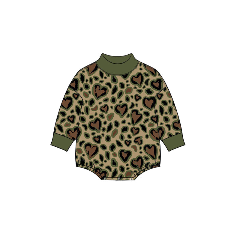 (Preorder new) No moq Adult To Match Kids Green Heart Leopard Print Mock Neck Long Sleeve Romper Sweatshirt Wide Leg Pants And Blanket