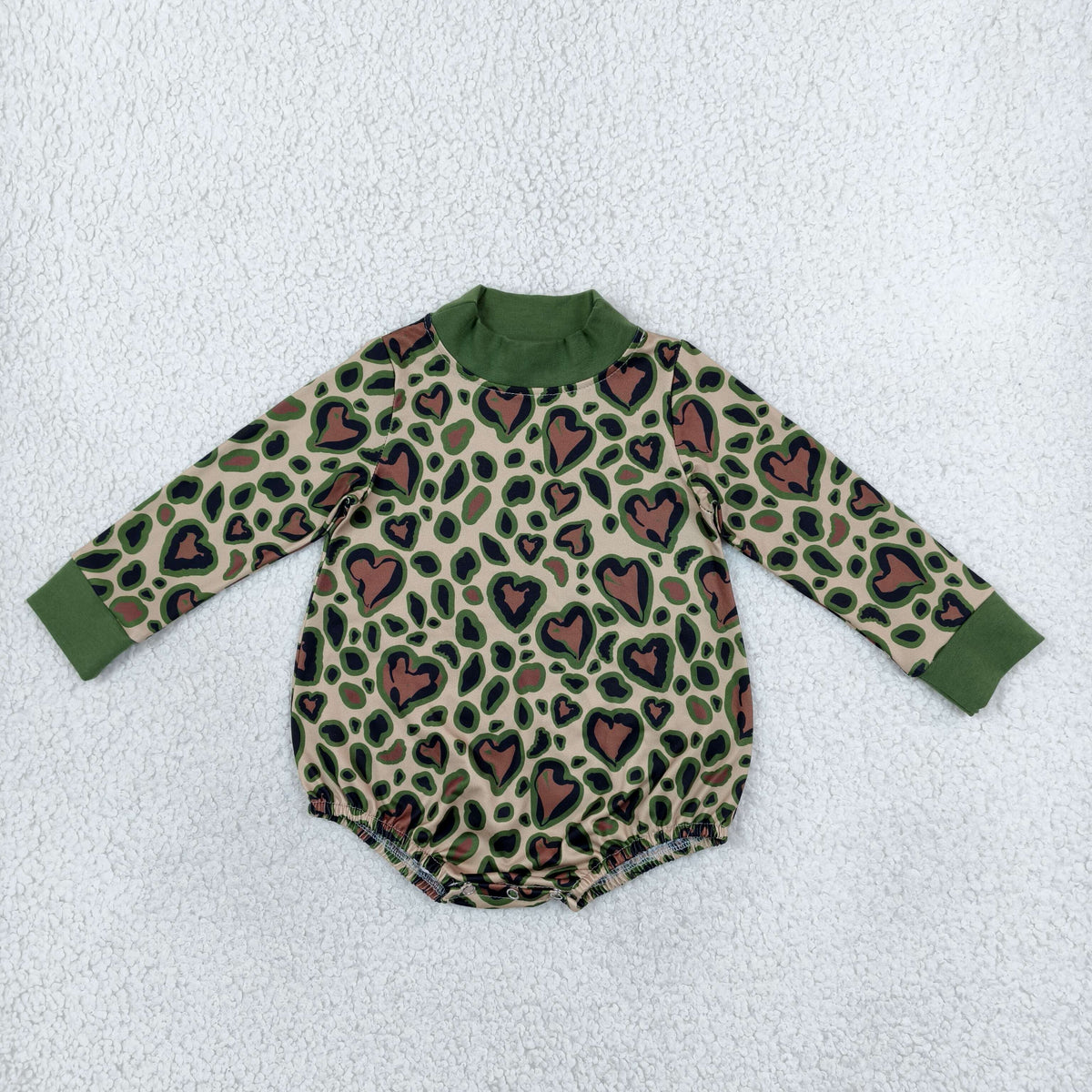NEW RTS NO MOQ milk silk LR3333 High Neck Baby Girls Long Sleeve Olive Black Leopard Hearts Print Valentines Rompers