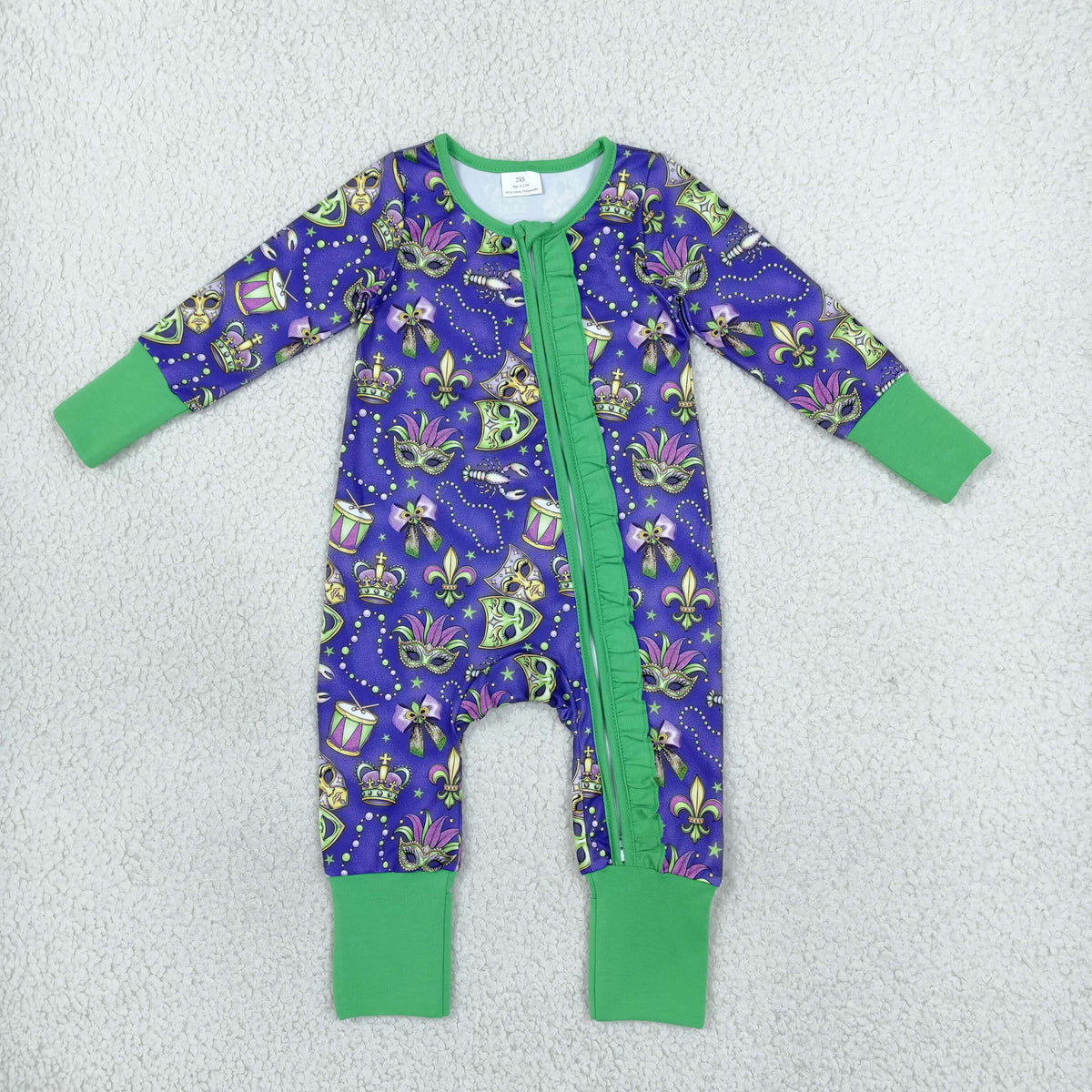 NEW RTS NO MOQ milk silk LR3334 Baby Girls Holiday Purple Long Sleeve Two Way Ruffle Zip Convertible Rompers