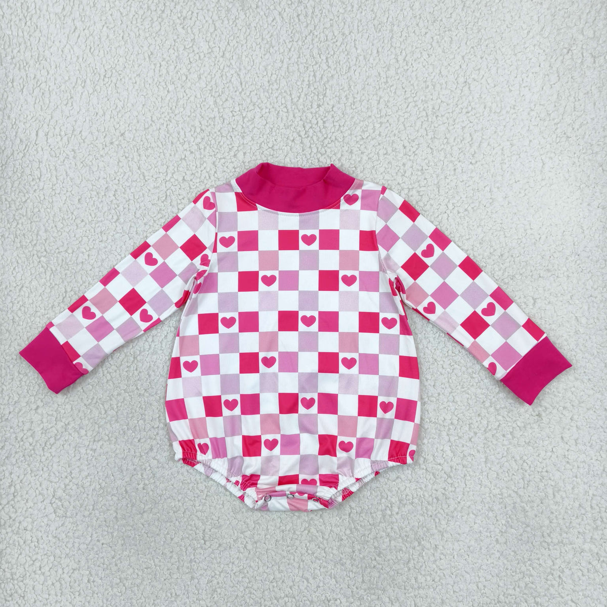 RTS NO MOQ Sibling milk silk High Neck Baby Girls Pink Checkerboard Heart Print Mock Neck Bubble Romper Long Sleeve Top Wide Leg Pants Set