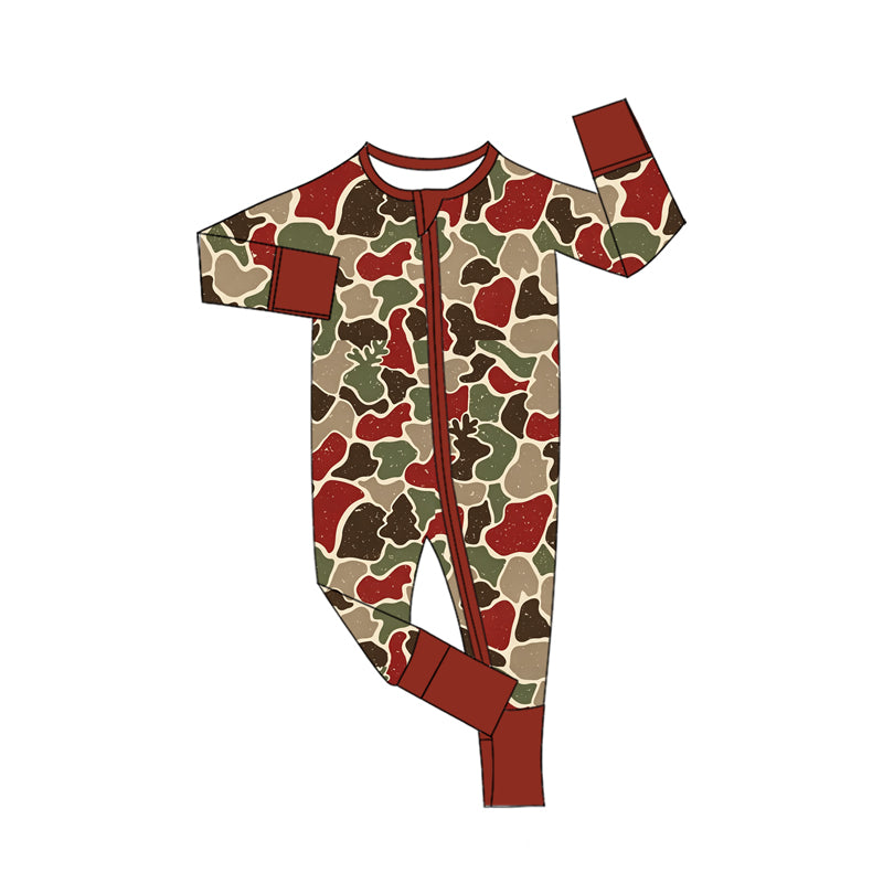 (Preorder new) No moq Baby Boys Deer Camo Print Outfit Set Brown Red Green Camouflage Long Sleeve Pajama Set Hoodie Sweatshirt Baby Zipper Romper
