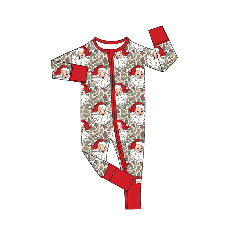 (Preorder new) No moq Baby Boys Santa Print Outfit Set Long Sleeve Pajama Set Hoodie Baby Zipper Romper Red Trim Christmas Holiday Clothes