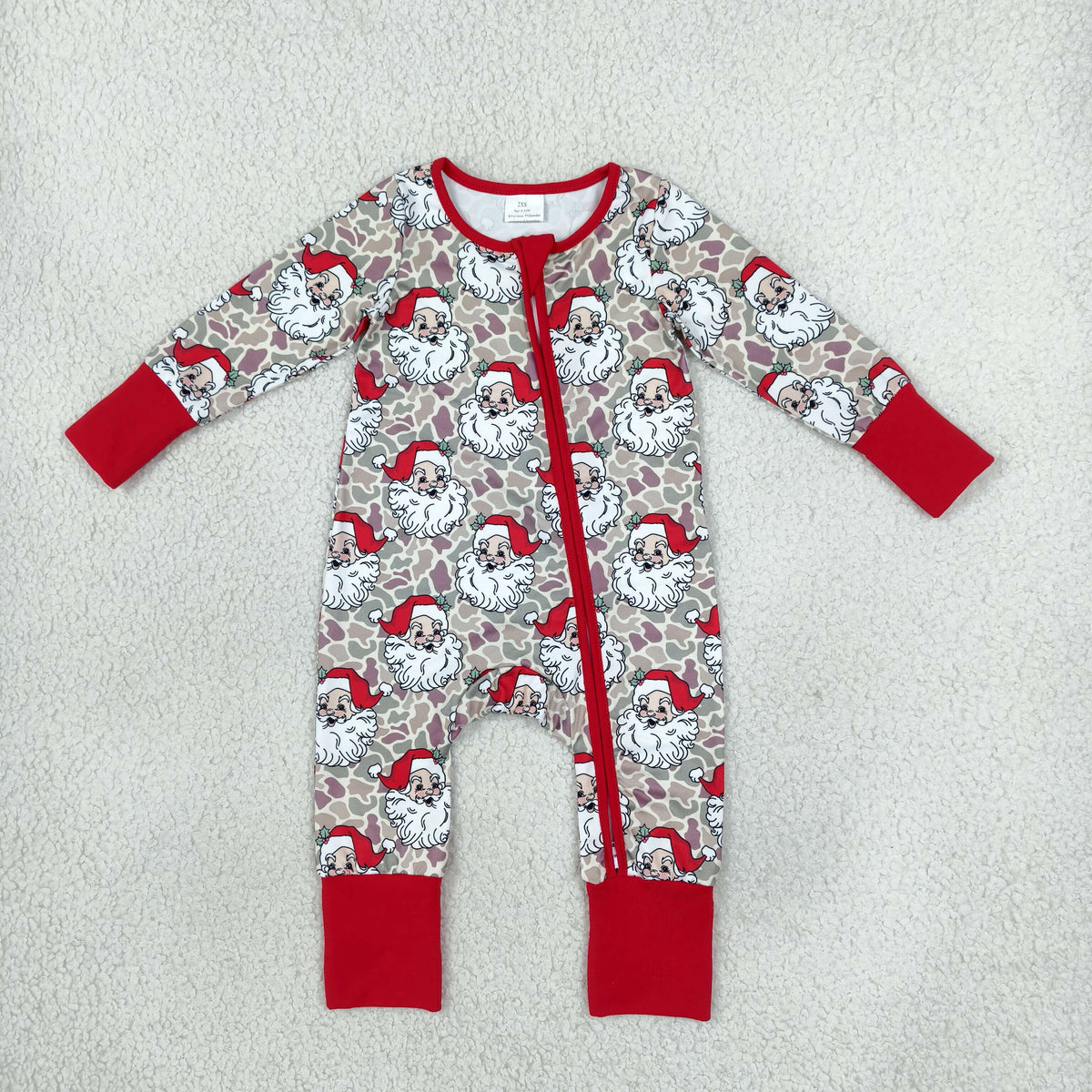 RTS NO MOQ Sibling milk silk Baby Girls And Boys Santa Camo Print Christmas Zipper Romper And Sibling Matching Pajama Set