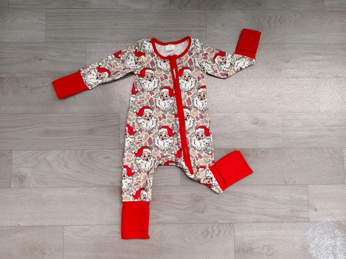 (Sample) No moq milk silk LR3345 Baby Boys Khaki Camo Santa Christmas Long Sleeve Two Way Zip Convertible Rompers