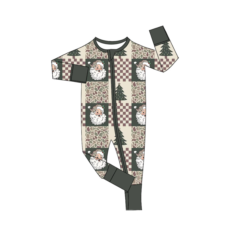 (Preorder new) No moq Baby Boys Santa Claus Christmas Tree Checkerboard Print Outfit Set Long Sleeve Pajama Set Hoodie Baby Zipper Romper Dark Green Trim Holiday Clothes
