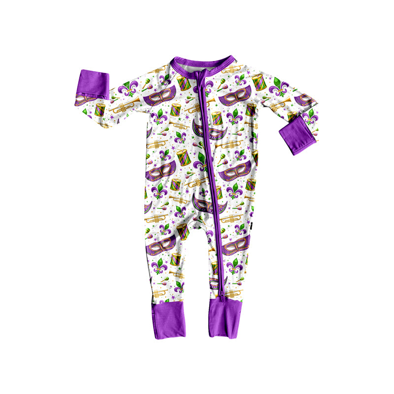 (Preorder new) No moq Baby Boys Print Purple Long Sleeve Pajama Set Zipper Convertible Romper