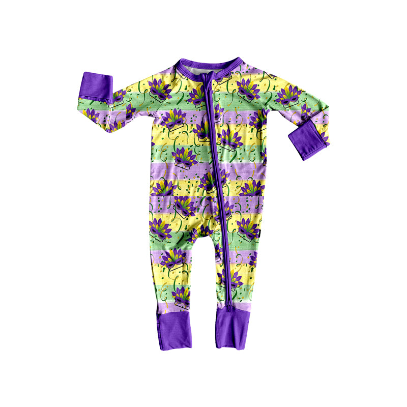 (Preorder new) No moq Baby Boys Print Long Sleeve Purple Trim Bamboo Fabric Sleepwear Set Zipper Convertible Romper