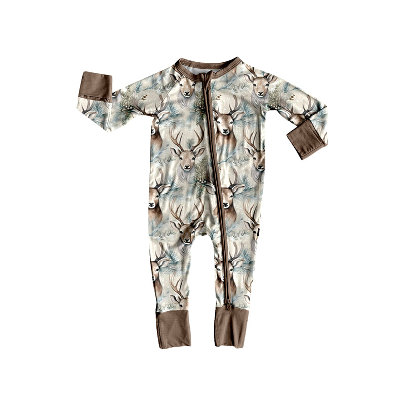 (Preorder new) No moq Baby Boys Deer Pine Print Long Sleeve Pajama Set Zipper Convertible Romper