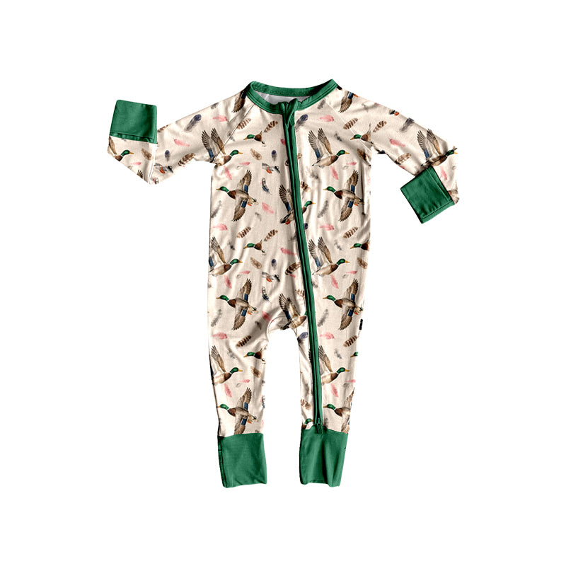 (Preorder new) No moq Baby Boys Duck Feather Print Long Sleeve Pajama Set Zipper Convertible Romper