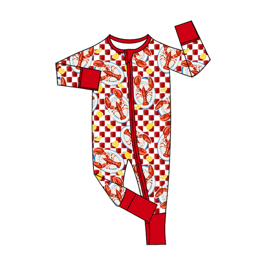 (Preorder new) No moq Baby Girls Red Checkered Crawfish Lemon Print Girls Ruffle Pajama Set Baby Zipper Romper