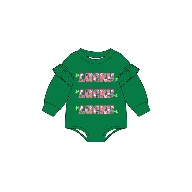 (Preorder new) No moq Baby Girls St Patricks Lucky Letter Ruffle Top And Pink Check Bell Bottom Set Baby Green Ruffle Rompers