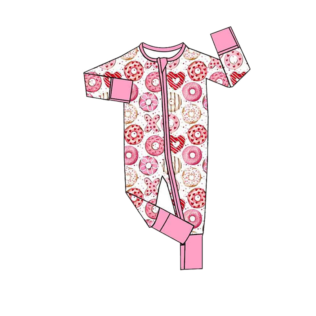 (Preorder new) No moq Baby Girls Pink Donut Heart Print Bamboo Pajama Set And Zipper Romper Valentines Outfit