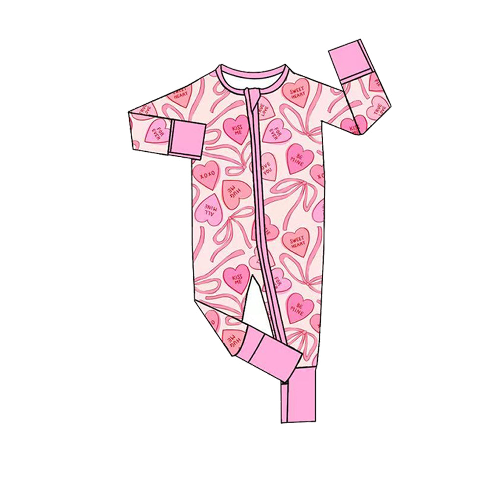 (Preorder new) No moq Baby Girls Pink Heart Bow Print Bamboo Pajama Set And Zipper Romper Valentines Outfit
