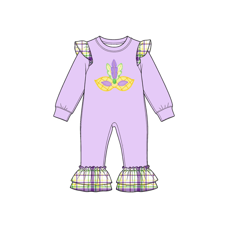 (Preorder new) No moq Baby Girls Purple Print Ruffle Sleeve Top and Plaid Flare Pants Set Ruffle Long Sleeve Romper