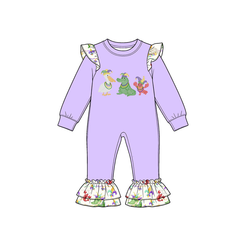 (Preorder new) No moq Baby Girls Purple Print Ruffle Sleeve Top and Flare Pants Set Ruffle Long Sleeve Romper