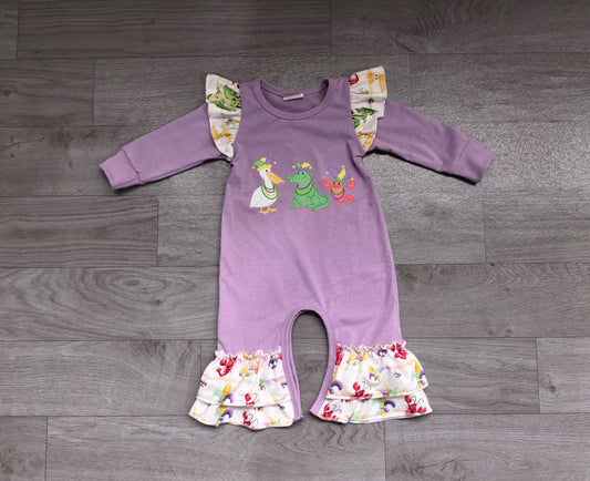 (Sample) No moq milk silk LR3365 Embroidery Baby Girls Purple Long Sleeve Ruffle Pant Rompers
