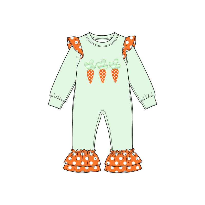 (Preorder new) No moq Baby Girls Mint Green Carrot Print Ruffle Top and Orange Polka Dot Flare Pants Set Ruffle Sleeve Romper