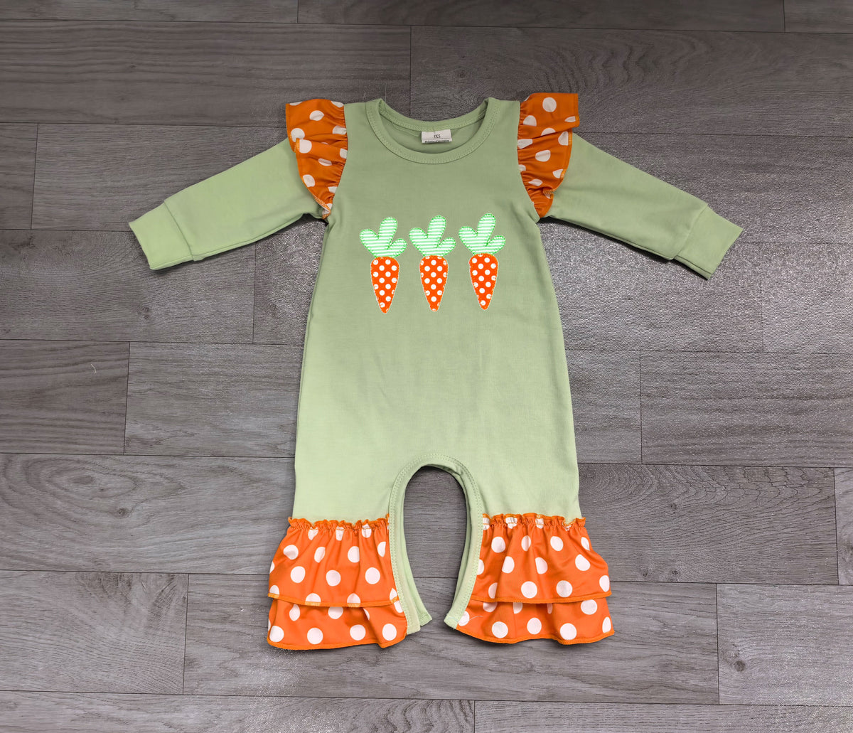 (Sample) No moq milk silk LR3366 Embroidery Baby Girls Light Green Easter Carrot Embroidery Polka Dot Ruffle Long Sleeve Romper