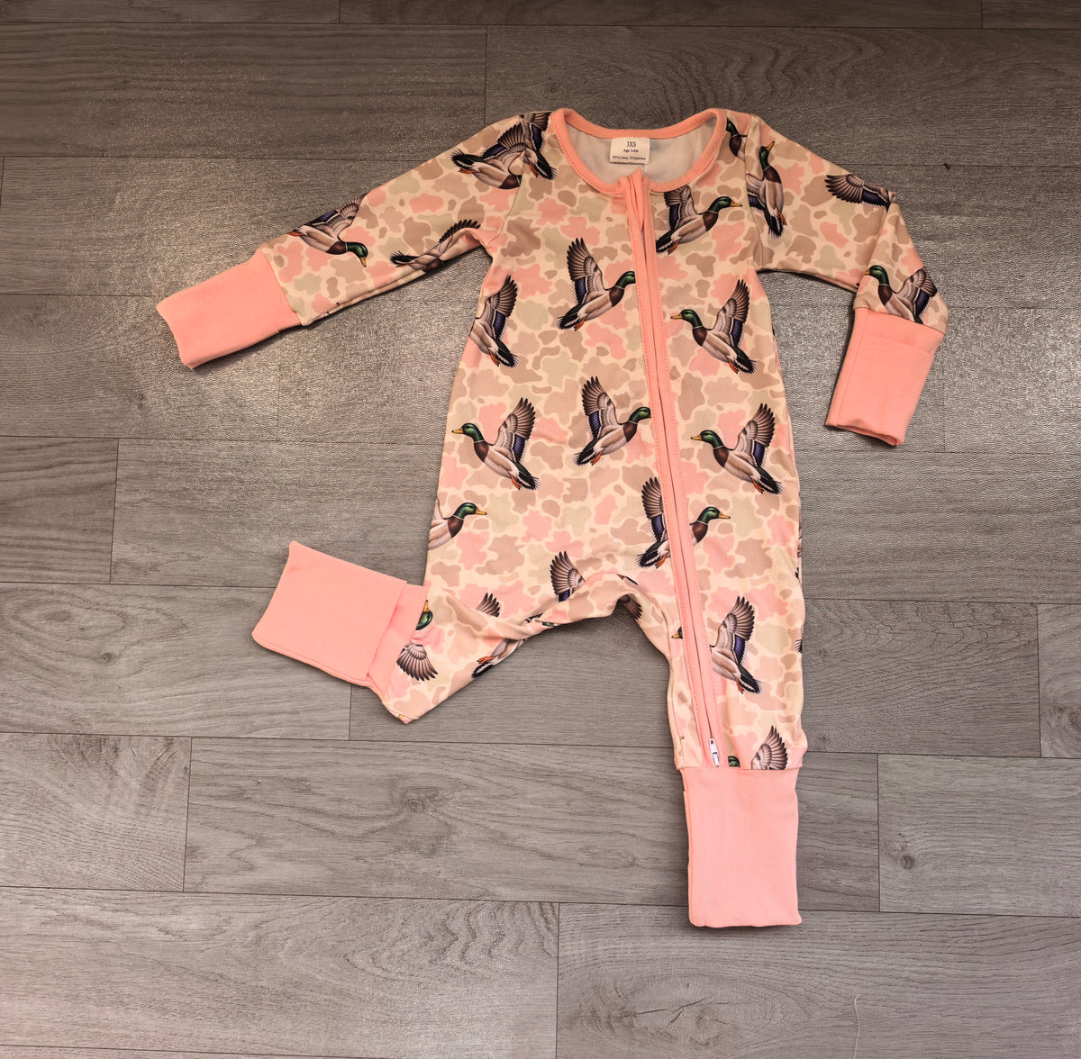 (Sample) No moq milk silk LR3367 Baby Girls Pink Khaki Camo Ducks Two Way Zip Convertible Rompers