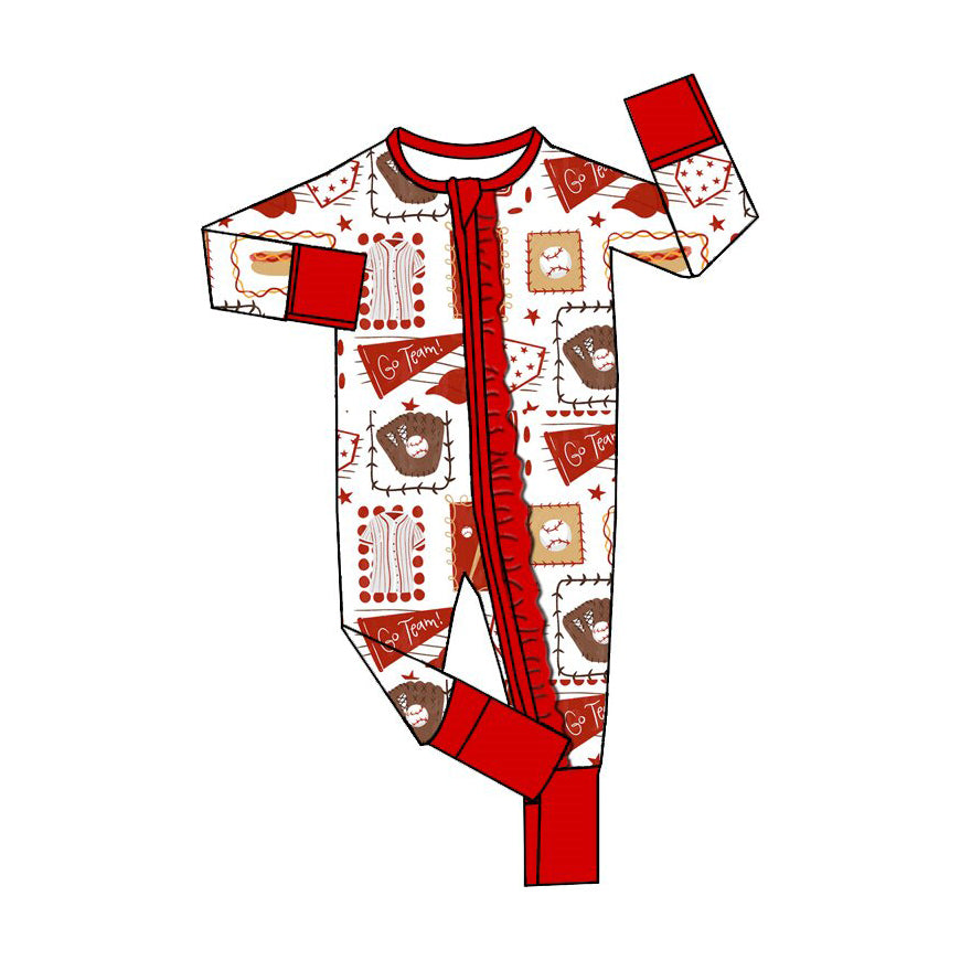 (Preorder new) No moq Baby Boys And Girls Baseball Print Long Sleeve Pajama Set And Zipper Romper