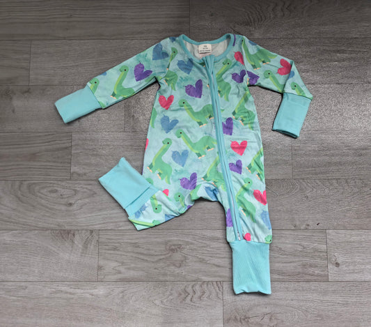 (Sample) No moq milk silk LR3377 Baby Boys Colorful Hearts Dinosaur Valentines Two Way Zip Long Sleeve Convertible Rompers