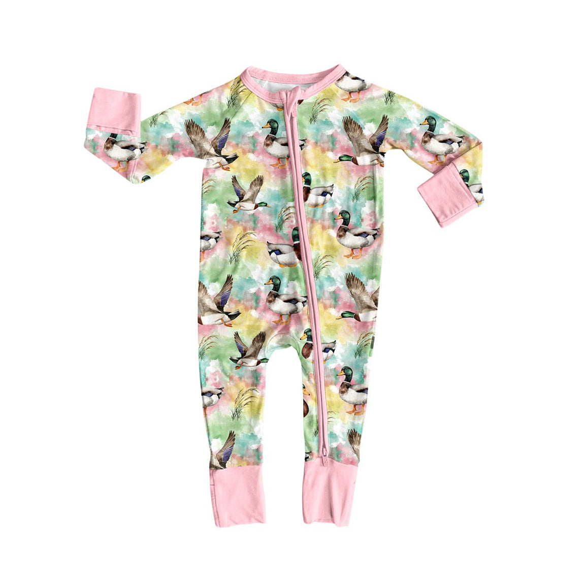 (Preorder new) No moq Baby Girls Watercolor Mallard Duck Print Bamboo Pajama Set Zipper Romper Long Sleeve Sleepwear